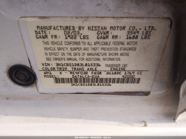 2003 Nissan Sentra Xe მანქანა იყიდება აუქციონზე, vin: 3N1CB51D83L815336, აუქციონის ნომერი: 45961441