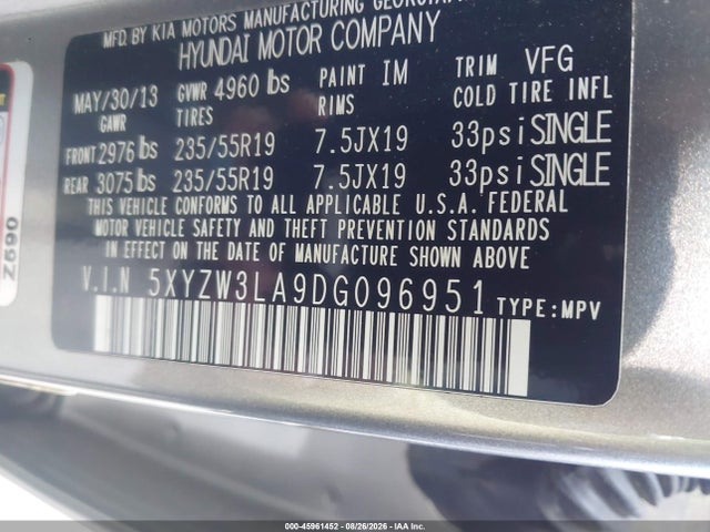45961452 :رقم المزاد ، 5XYZW3LA9DG096951 vin ، 2013 Hyundai Santa Fe Sport 2.0t مزاد بيع