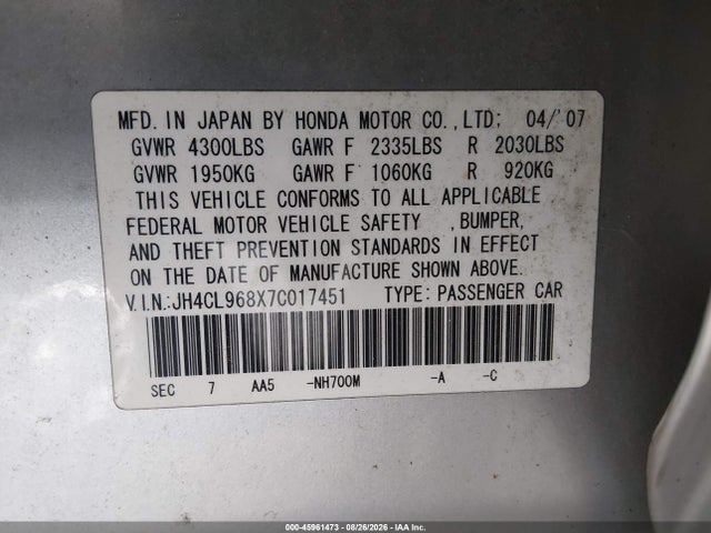 Aukcja sprzedaży 2007 Acura Tsx, vin: JH4CL968X7C017451, numer aukcji: 45961473