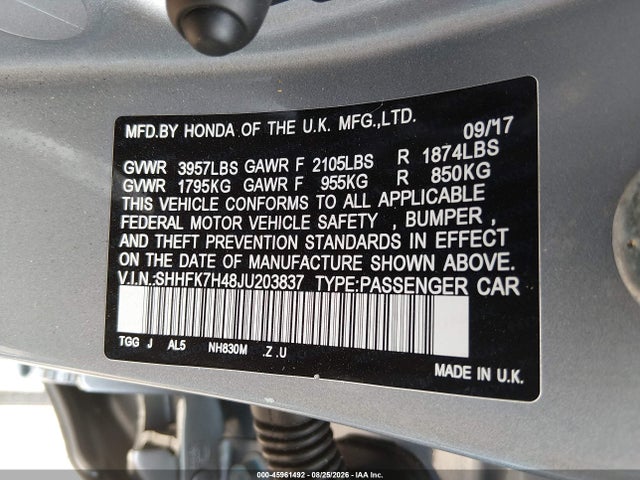 45961492 :رقم المزاد ، SHHFK7H48JU203837 vin ، 2018 Honda Civic Sport مزاد بيع