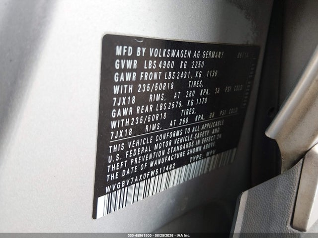 2015 Volkswagen Tiguan Sel მანქანა იყიდება აუქციონზე, vin: WVGBV7AX0FW511482, აუქციონის ნომერი: 45961500