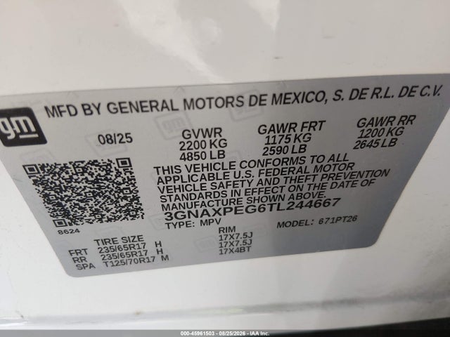 2026 Chevrolet Equinox Awd Lt მანქანა იყიდება აუქციონზე, vin: 3GNAXPEG6TL244667, აუქციონის ნომერი: 45961503