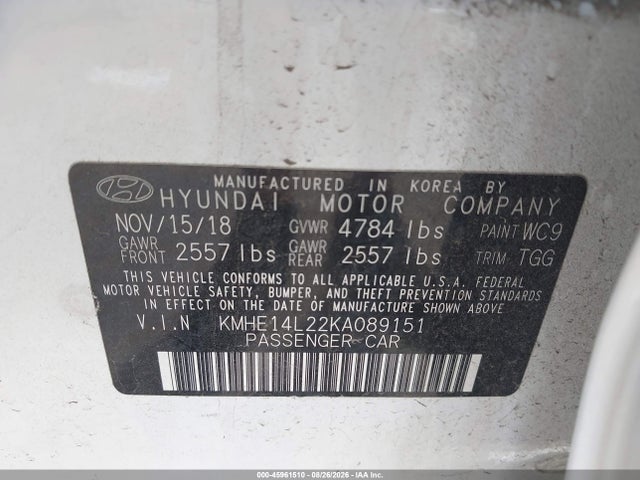 Aukcja sprzedaży 2019 Hyundai Sonata Plug-in Hybrid, vin: KMHE14L22KA089151, numer aukcji: 45961510