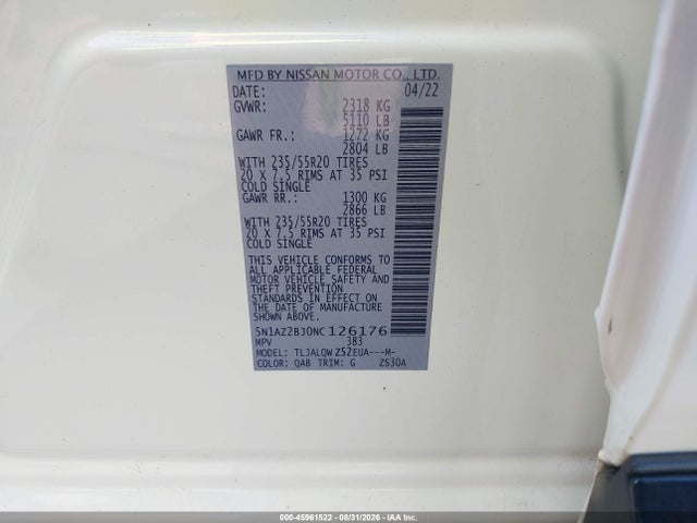 Продажа на аукционе авто 2022 Nissan Murano Sv Fwd, vin: 5N1AZ2BJ0NC126176, номер лота: 45961522