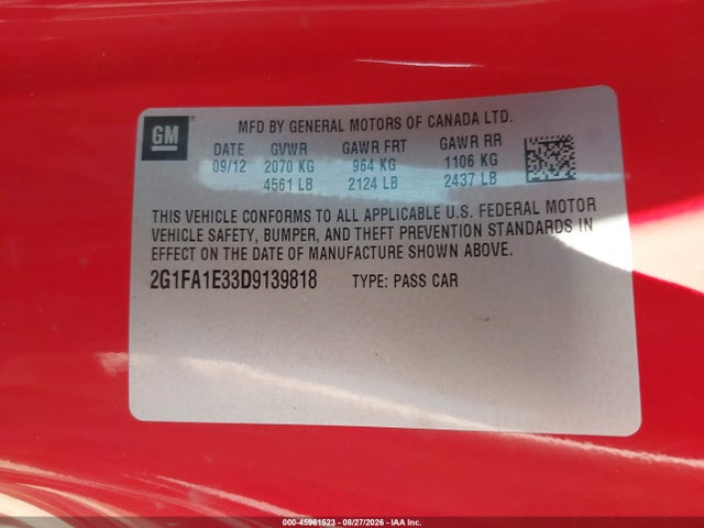 Продаж на аукціоні авто 2013 Chevrolet Camaro 2ls, vin: 2G1FA1E33D9139818, номер лоту: 45961523