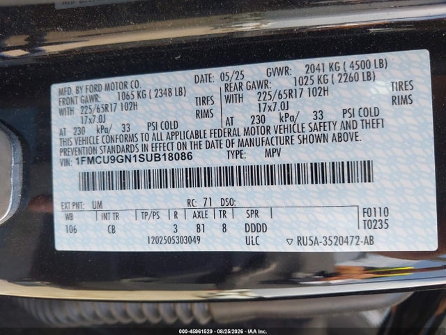 Aukcja sprzedaży 2025 Ford Escape Active, vin: 1FMCU9GN1SUB18086, numer aukcji: 45961529