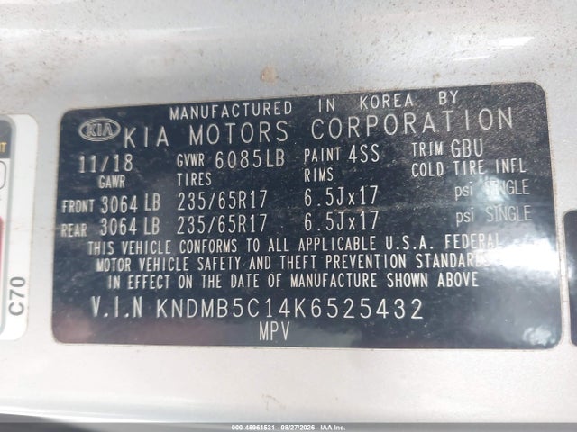 2019 Kia Sedona Lx მანქანა იყიდება აუქციონზე, vin: KNDMB5C14K6525432, აუქციონის ნომერი: 45961531