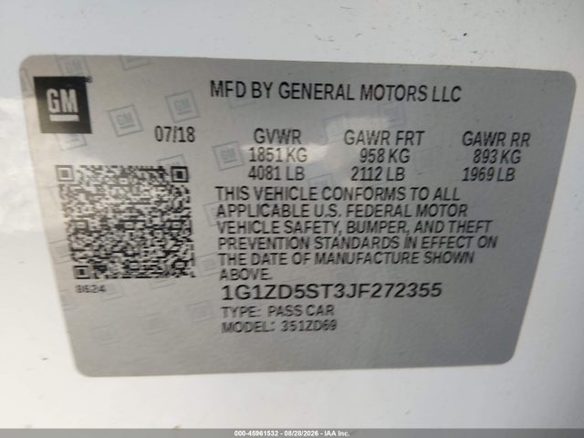 45961532 :رقم المزاد ، 1G1ZD5ST3JF272355 vin ، 2018 Chevrolet Malibu Lt مزاد بيع
