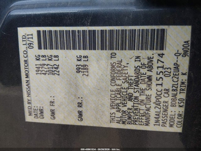 2012 Nissan Altima 2.5 S მანქანა იყიდება აუქციონზე, vin: 1N4AL2AP0CC155174, აუქციონის ნომერი: 45961534