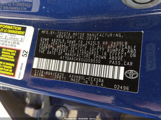 45961542 :رقم المزاد ، 4T1DAACK8SU059550 vin ، 2025 Toyota Camry Se مزاد بيع