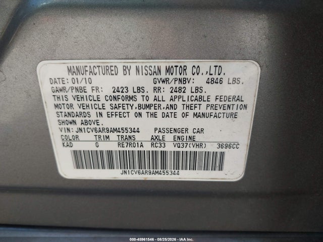 Aukcja sprzedaży 2010 Infiniti G37x, vin: JN1CV6AR9AM455344, numer aukcji: 45961546