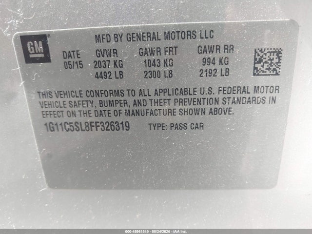 Aukcja sprzedaży 2015 Chevrolet Malibu 1lt, vin: 1G11C5SL8FF326319, numer aukcji: 45961549