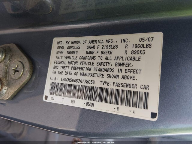 Продажа на аукционе авто 2007 Honda Accord 2.4 Lx, vin: 1HGCM56467A178056, номер лота: 45961551