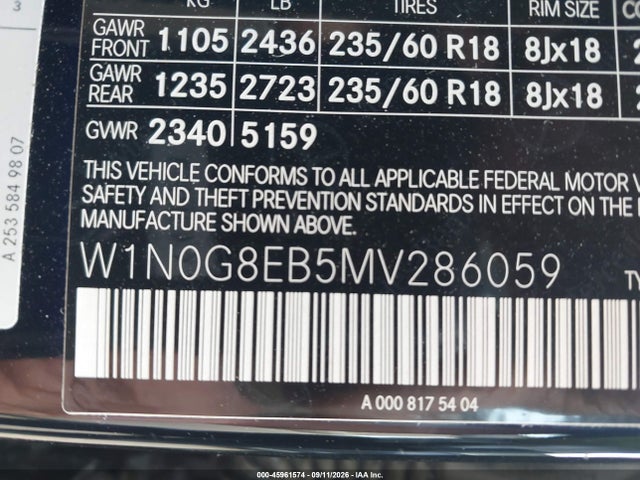 Aukcja sprzedaży 2021 Mercedes-benz Glc 300 4matic Suv, vin: W1N0G8EB5MV286059, numer aukcji: 45961574