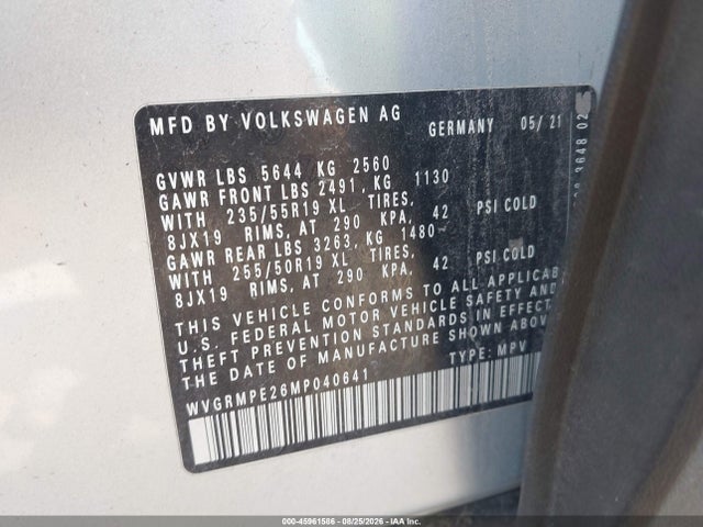 45961586 :رقم المزاد ، WVGRMPE26MP040641 vin ، 2021 Volkswagen Id.4 Pro مزاد بيع