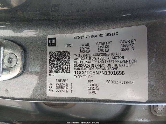 Продажа на аукционе авто 2022 Chevrolet Colorado 4wd  Short Box Lt, vin: 1GCGTCEN7N1301698, номер лота: 45961611