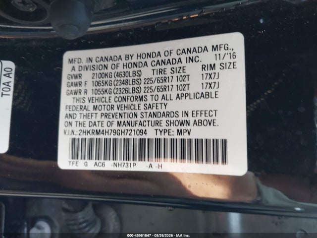 2016 Honda Cr-v Ex-l მანქანა იყიდება აუქციონზე, vin: 2HKRM4H79GH721094, აუქციონის ნომერი: 45961647