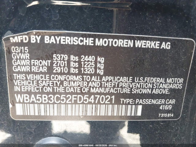 Продажа на аукционе авто 2015 Bmw 535i Xdrive, vin: WBA5B3C52FD547021, номер лота: 45961648