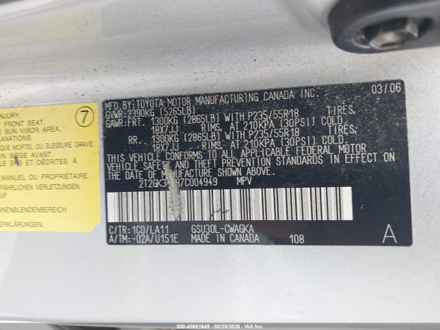45961649 :رقم المزاد ، 2T2GK31U87C004949 vin ، 2007 Lexus Rx 350 مزاد بيع