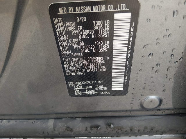2020 Nissan Armada Sl 2wd მანქანა იყიდება აუქციონზე, vin: JN8AY2ND9L9110828, აუქციონის ნომერი: 45961652