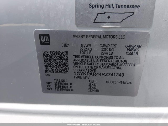 45961658 :رقم المزاد ، 1GYKPAR44RZ741349 vin ، 2024 Cadillac Xt6 Fwd Luxury مزاد بيع