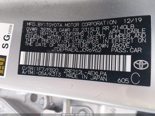 Продажа на аукционе авто 2020 Toyota Corolla Le, vin: JTDEPRAEXLJ096962, номер лота: 45961668