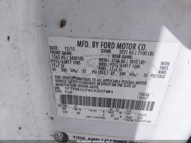 Aukcja sprzedaży 2012 Ford F-150 Xlt, vin: 1FTFW1CF9CKD17461, numer aukcji: 45961669
