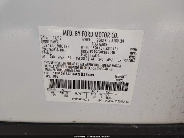 45961672 :رقم المزاد ، 1FM5K8D84KGB25409 vin ، 2019 Ford Explorer Xlt مزاد بيع