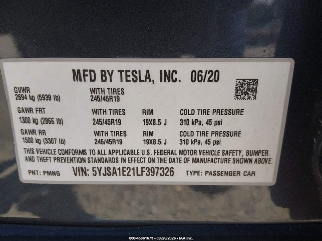 2020 Tesla Model S Long Range Dual Motor All-wheel Drive/long Range Plus Dual Motor All-wheel Drive მანქანა იყიდება აუქციონზე, vin: 5YJSA1E21LF397326, აუქციონის ნომერი: 45961673
