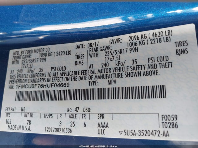 2017 Ford Escape S მანქანა იყიდება აუქციონზე, vin: 1FMCU0F76HUF04669, აუქციონის ნომერი: 45961675