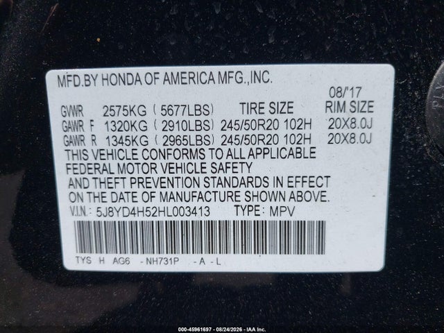 45961697 :رقم المزاد ، 5J8YD4H52HL003413 vin ، 2017 Acura Mdx Technology Package مزاد بيع