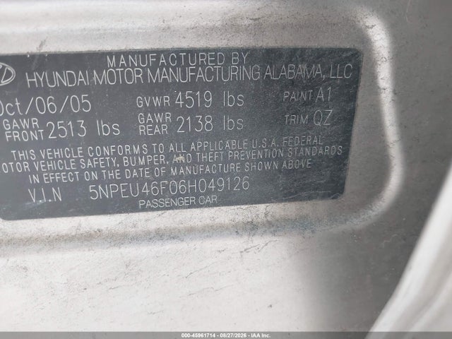 45961714 :رقم المزاد ، 5NPEU46F06H049126 vin ، 2006 Hyundai Sonata Gls V6/lx V6 مزاد بيع