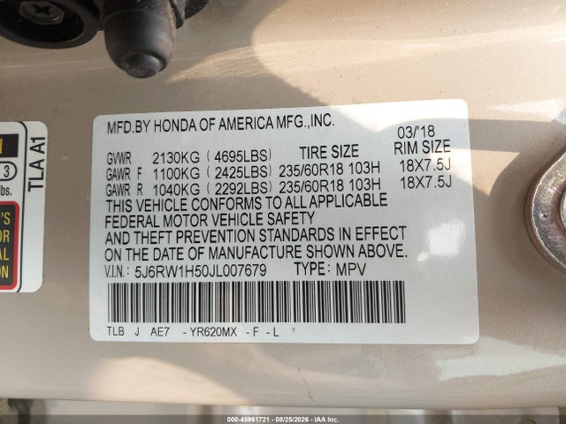 45961721 :رقم المزاد ، 5J6RW1H50JL007679 vin ، 2018 Honda Cr-v Ex مزاد بيع