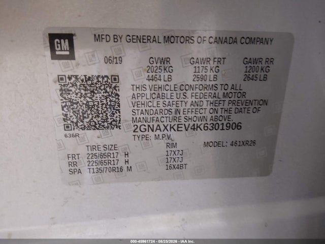 2019 Chevrolet Equinox Lt მანქანა იყიდება აუქციონზე, vin: 2GNAXKEV4K6301906, აუქციონის ნომერი: 45961724