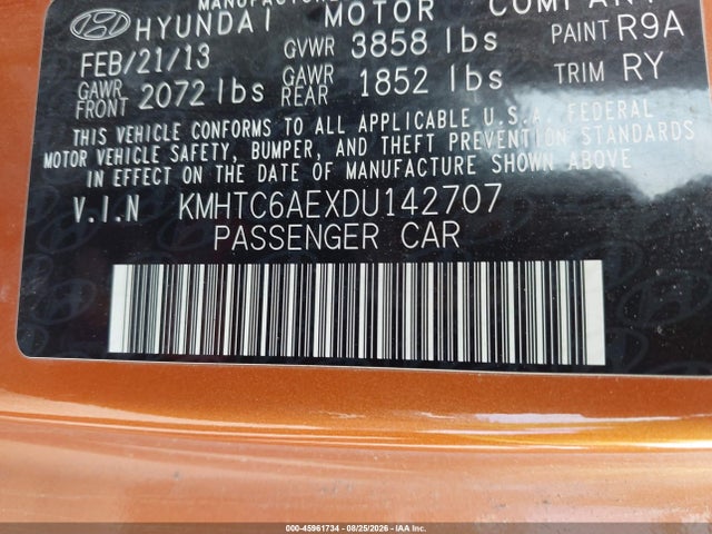 45961734 :رقم المزاد ، KMHTC6AEXDU142707 vin ، 2013 Hyundai Veloster Turbo W/black مزاد بيع