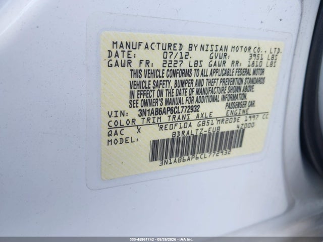 Продажа на аукционе авто 2012 Nissan Sentra 2.0 Sr, vin: 3N1AB6AP6CL772932, номер лота: 45961742