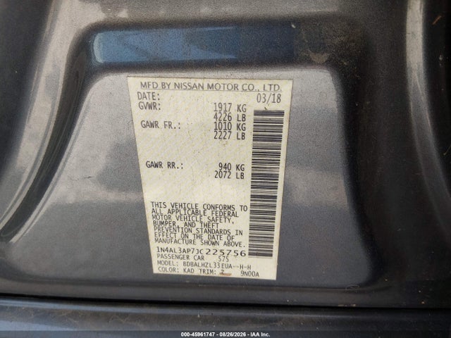 Aukcja sprzedaży 2018 Nissan Altima 2.5 Sr, vin: 1N4AL3AP7JC225756, numer aukcji: 45961747