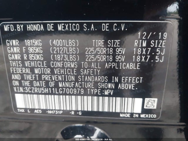 45961750 :رقم المزاد ، 3CZRU5H11LG700979 vin ، 2020 Honda Hr-v 2wd Sport مزاد بيع