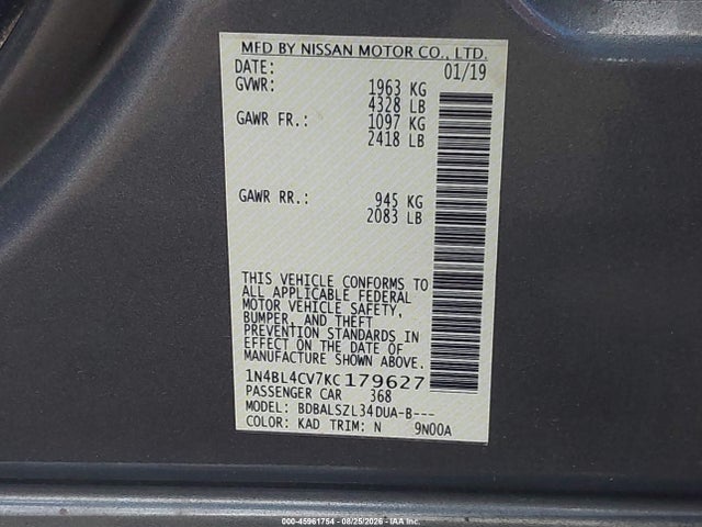 Aukcja sprzedaży 2019 Nissan Altima 2.5 Sr, vin: 1N4BL4CV7KC179627, numer aukcji: 45961754