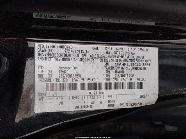45961759 :رقم المزاد ، 1FAHP3J22CL315861 vin ، 2012 Ford Focus Titanium مزاد بيع