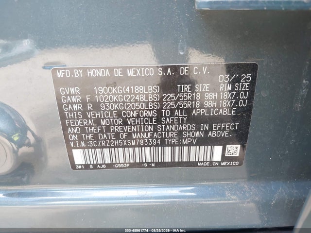 Продажа на аукционе авто 2025 Honda Hr-v Awd Sport, vin: 3CZRZ2H5XSM783394, номер лота: 45961774