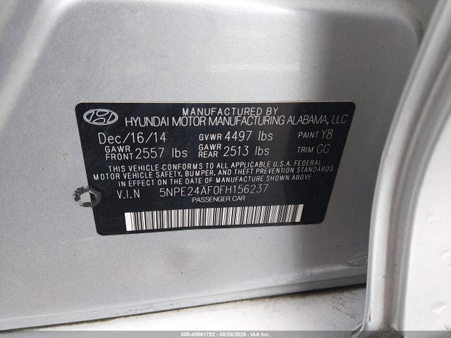 2015 Hyundai Sonata Se მანქანა იყიდება აუქციონზე, vin: 5NPE24AF0FH156237, აუქციონის ნომერი: 45961782