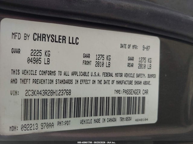 45961799 :رقم المزاد ، 2C3KA43R28H123768 vin ، 2008 Chrysler 300 Lx مزاد بيع
