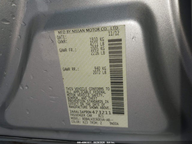 45961811 :رقم المزاد ، 1N4AL3AP9DN473211 vin ، 2013 Nissan Altima 2.5 Sl مزاد بيع