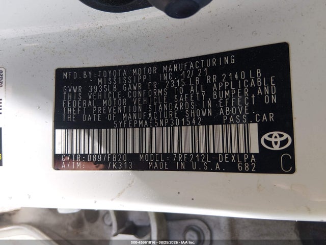 Aukcja sprzedaży 2022 Toyota Corolla Le, vin: 5YFEPMAE5NP301542, numer aukcji: 45961816