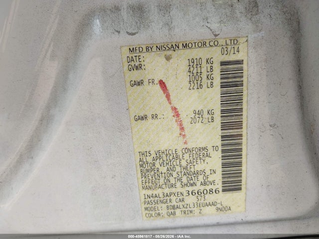 45961817 :رقم المزاد ، 1N4AL3APXEN366086 vin ، 2014 Nissan Altima 2.5/s/sv/sl مزاد بيع