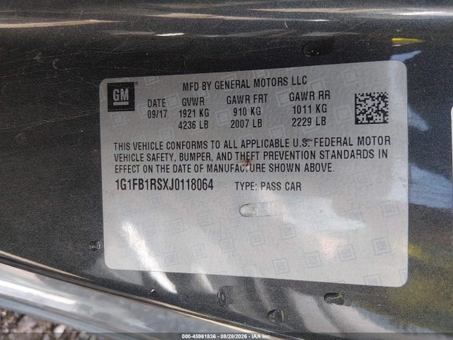 45961836 :رقم المزاد ، 1G1FB1RSXJ0118064 vin ، 2018 Chevrolet Camaro 1lt مزاد بيع