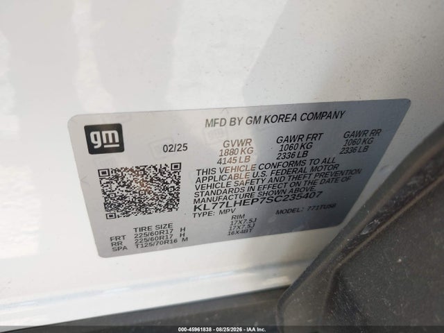KL77LHEP7SC235407 Chevrolet Trax Fwd Lt