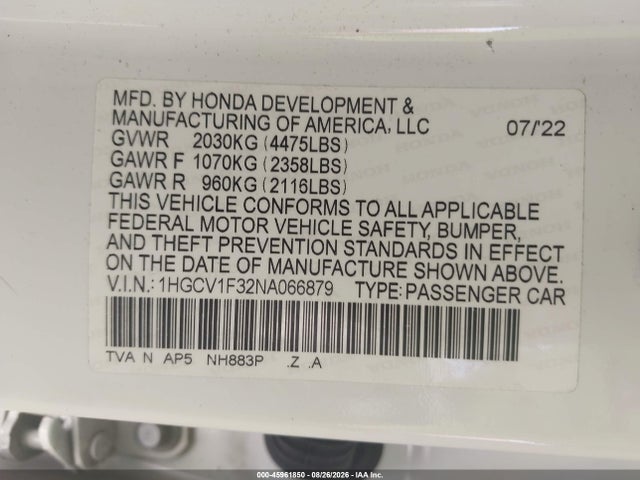 45961850 :رقم المزاد ، 1HGCV1F32NA066879 vin ، 2022 Honda Accord Sport مزاد بيع