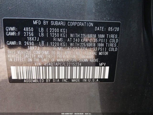 Продажа на аукционе авто 2020 Subaru Outback Touring, vin: 4S4BTAPC7L3215234, номер лота: 45961857